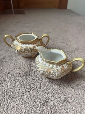 Vintage Nippon Sugar Bowl and Creamer Set Gold Encrusted